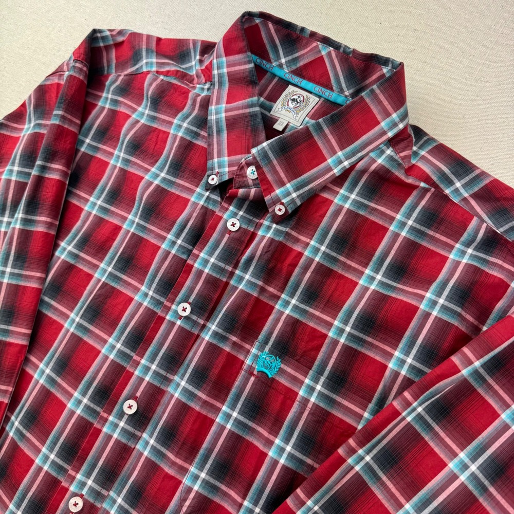 Cinch Mens XL Long Sleeve Plaid Western Button Down Shirt Red Turquoise Black